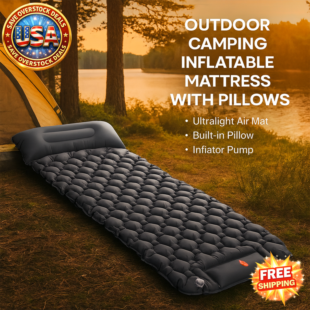 Inflatable Camping Mattress Pad with Pillows - Ultralight Air Mat