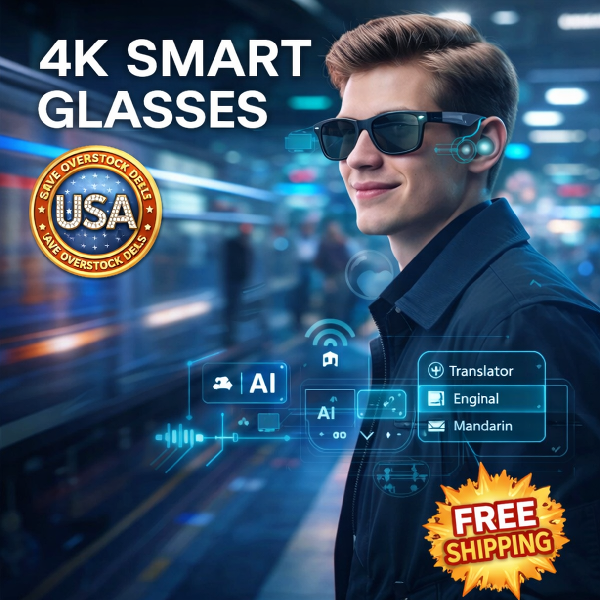 Smart AI Glasses with 800W Camera, Bluetooth, Waterproof, Voice Call