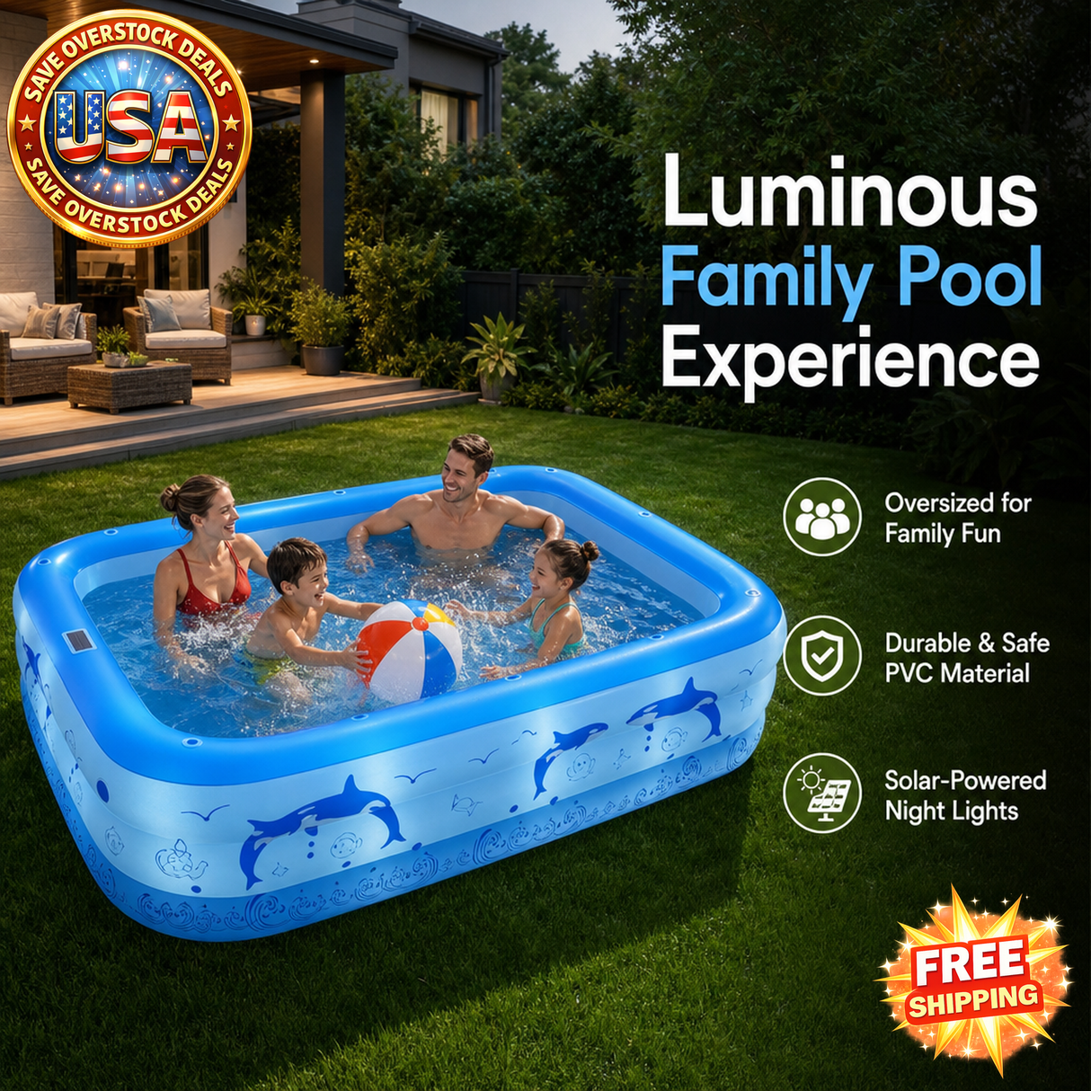 Inflatable Backyard Pool with Solar Lights - Family Fun
