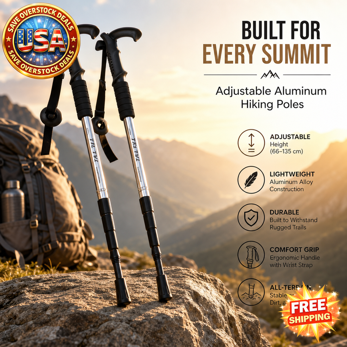 Adjustable Hiking Poles 52-110cm Aluminum Alloy for Camping & Climbing