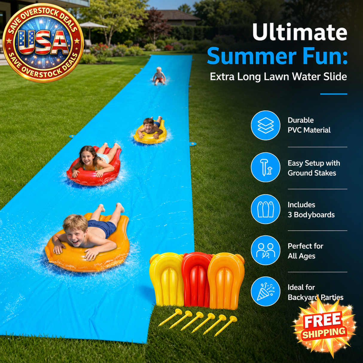 Extra Long Heavy Duty Lawn Water Slide with Bodyboards