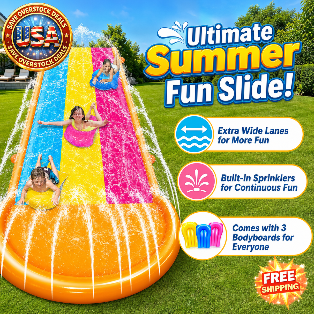 Extra Width Triple Slip Water Slide with 3 Bodyboards