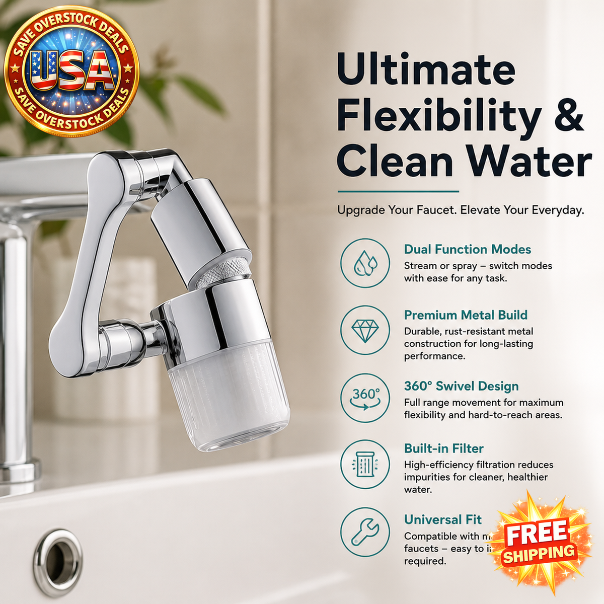 Metal Faucet Extender with Filter and Swivel Sprayer Head