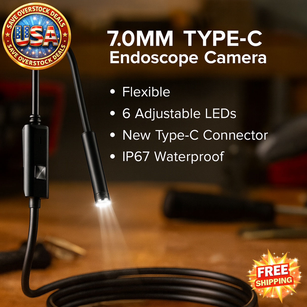 Type-C Endoscope Camera 7.0MM IP67 Waterproof 6 LEDs for Phone PC