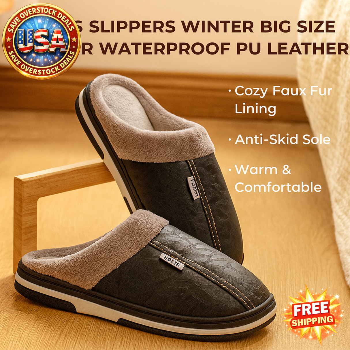 Men's Waterproof PU Leather Slippers - Large Size Indoor Home Shoes