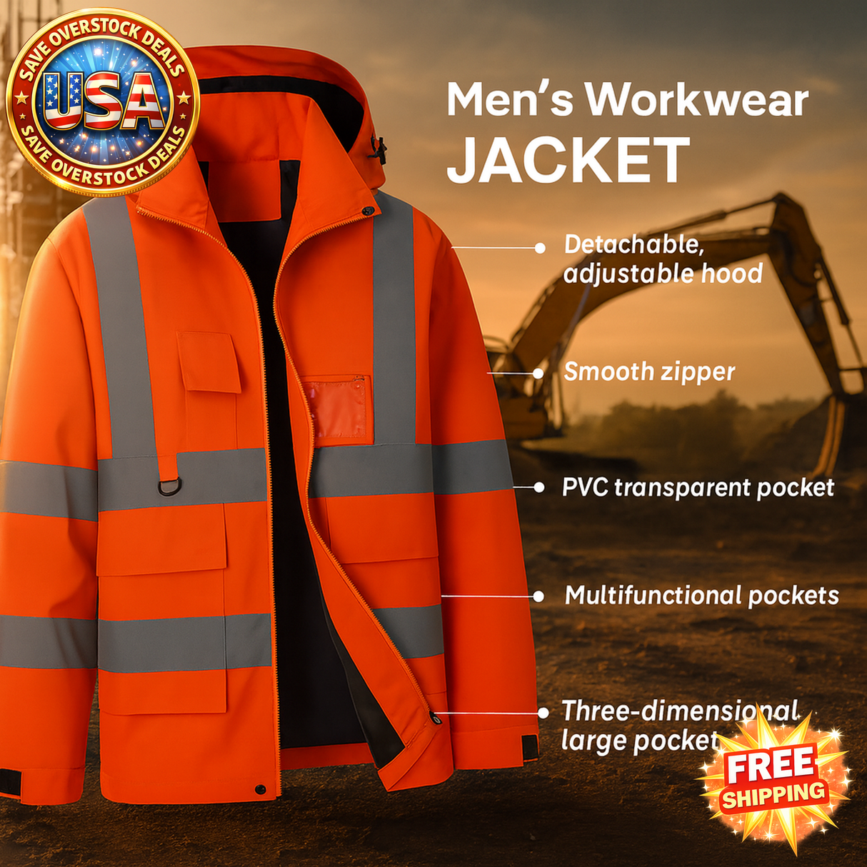 Men's Workwear Jacket Waterproof Windproof Reflective Outdoor Construction