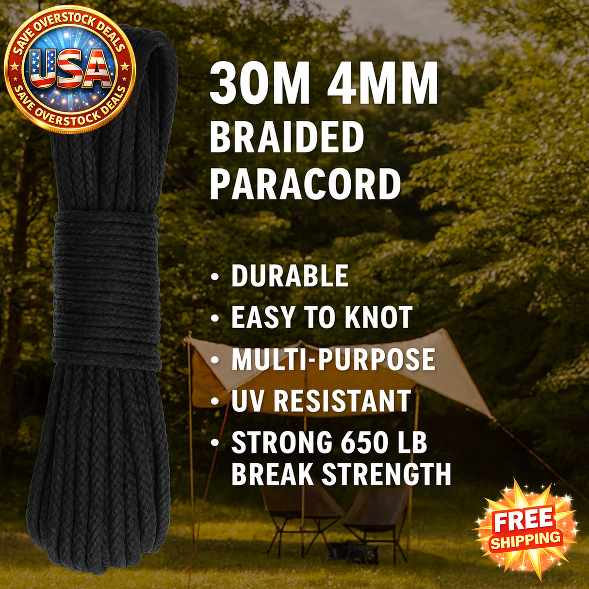 Braided Paracord 4mm Thick 30m for Camping, Hiking, DIY Projects