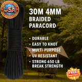 Braided Paracord 4mm Thick 30m for Camping, Hiking, DIY Projects