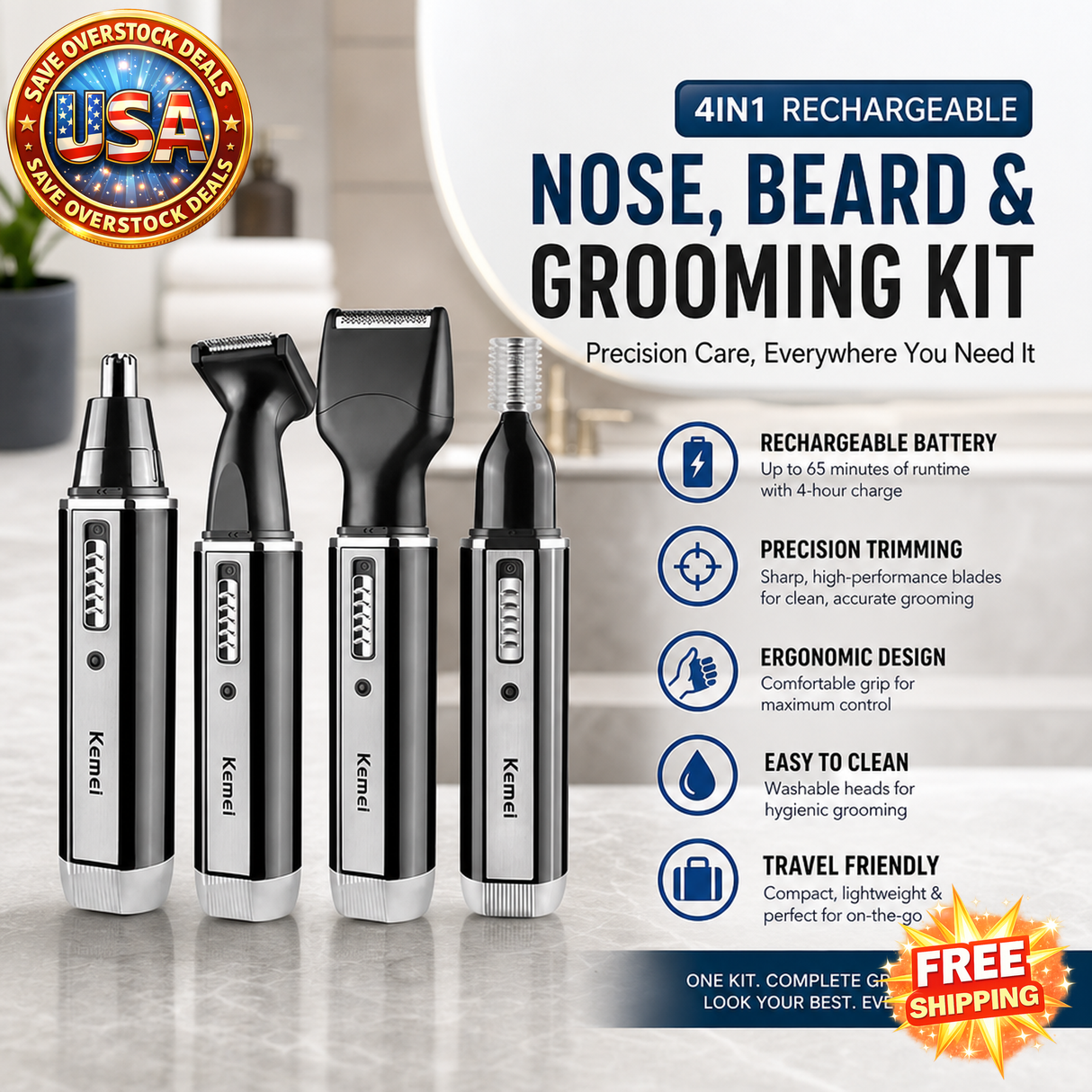 4in1 Rechargeable Nose Trimmer for Men - Hair Removal Tool