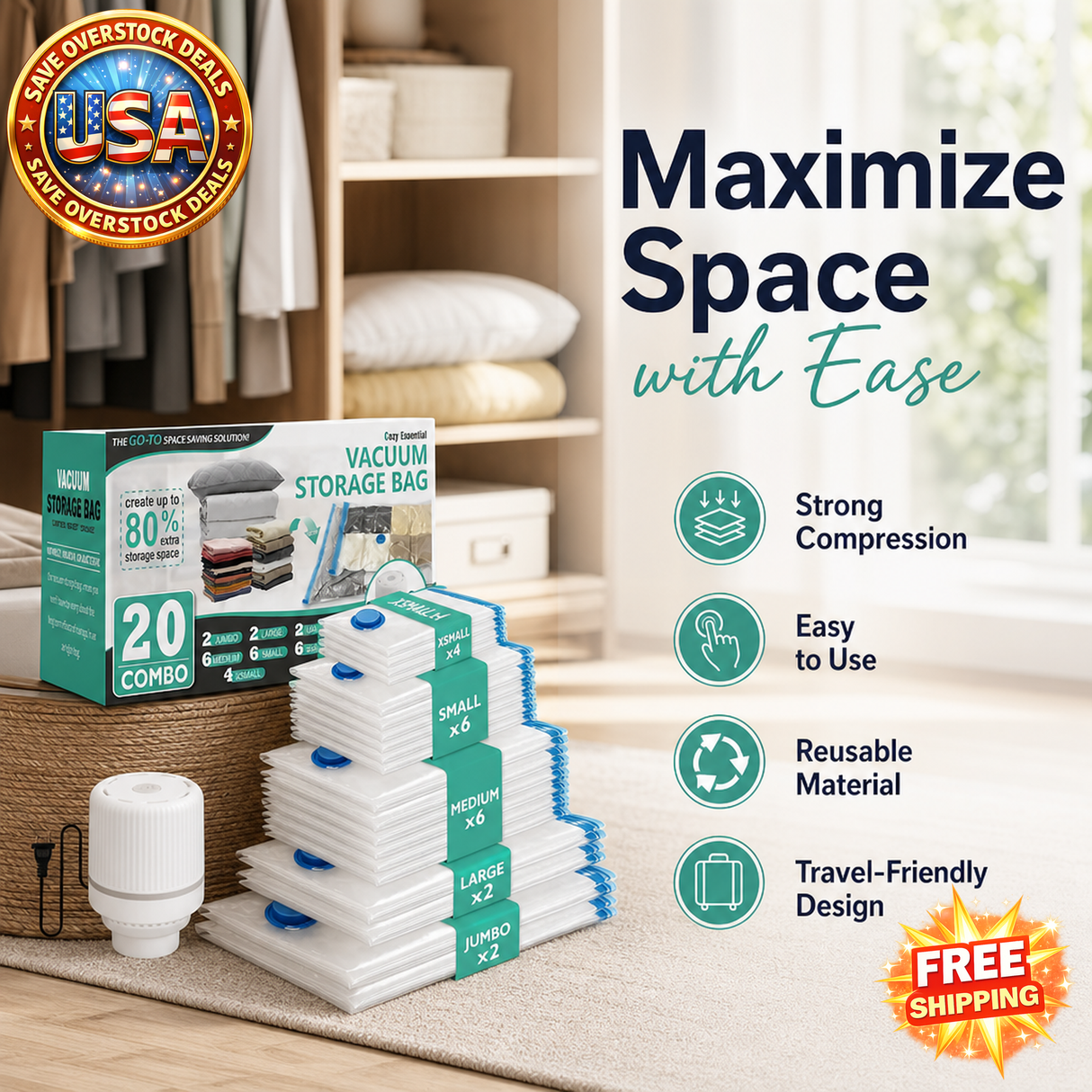 20 Pack Vacuum Storage Bags with Electric Pump for Clothes