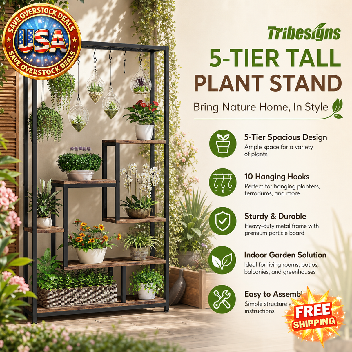 Tribesigns 5-Tier Tall Indoor Plant Stand with Hooks