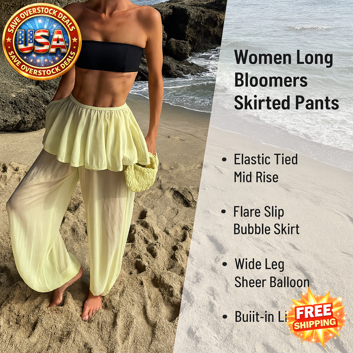 Women’s Sheer Bloomers Skirted Pants Wide Leg Culottes - Mid Rise Flare