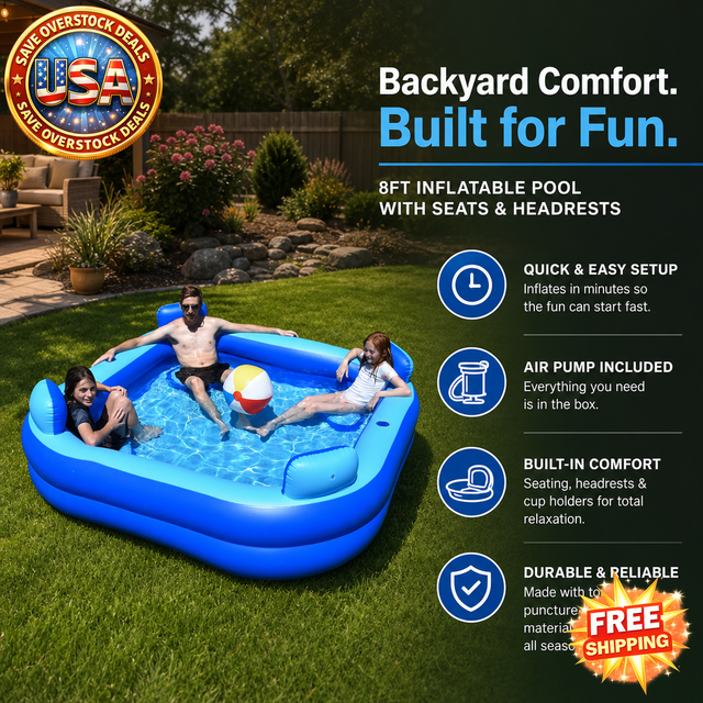 Inflatable Pool with Seats & Headrests, 8ft x 8ft, Electric Pump