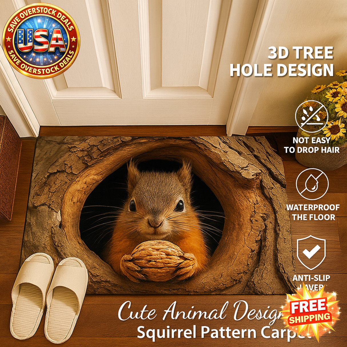3D Tree Hole Design Door Mat Squirrel Pattern Anti-Slip Rug for Home Decor