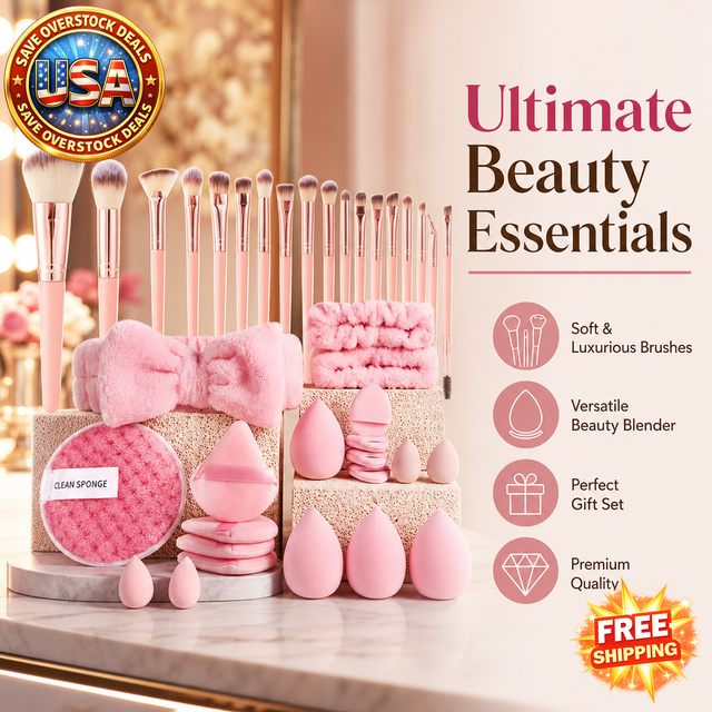 Complete 20/40 Pink Makeup Brush Set with Beauty Blender