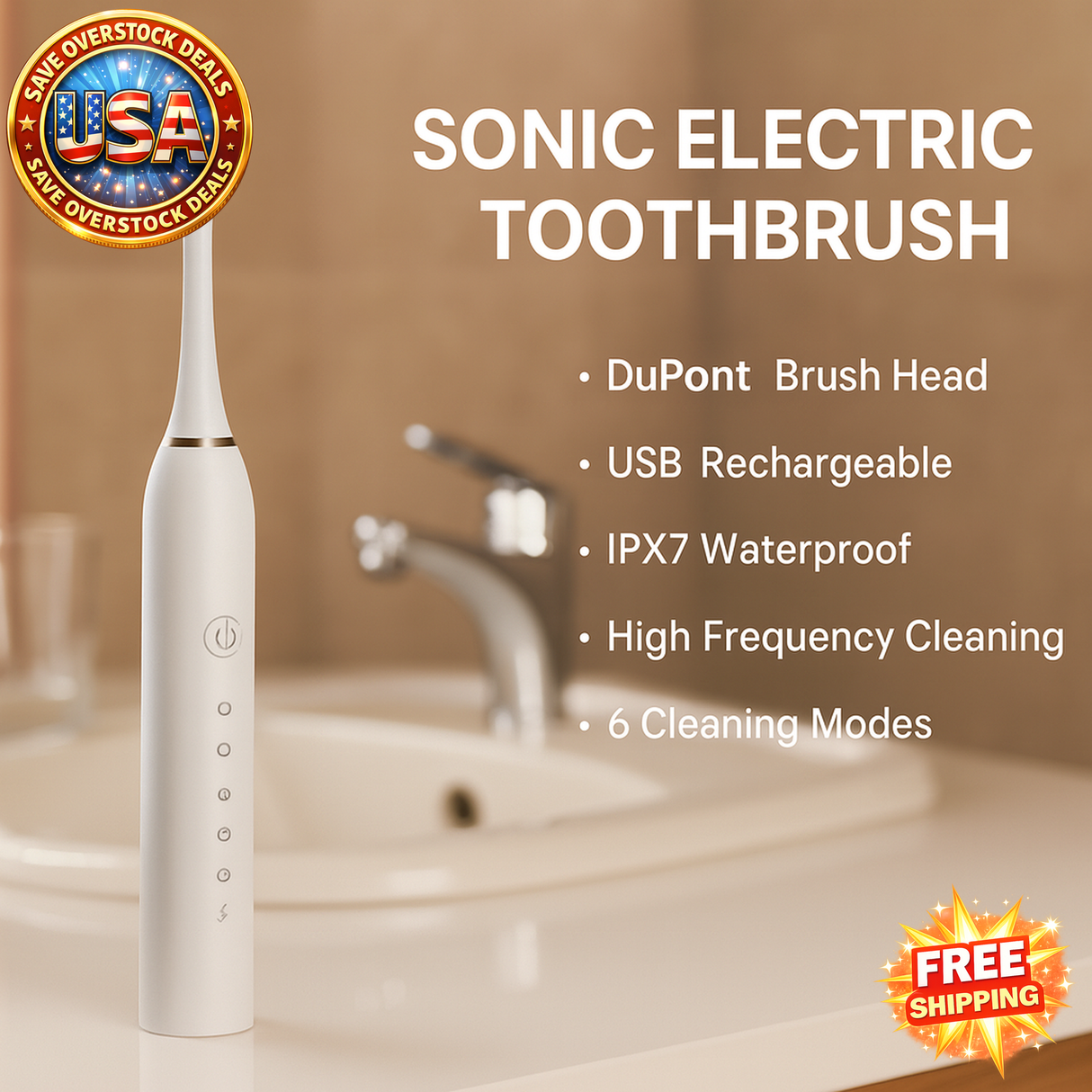 Sonic Electric Toothbrush IPX7 Waterproof USB Rechargeable 6 Modes