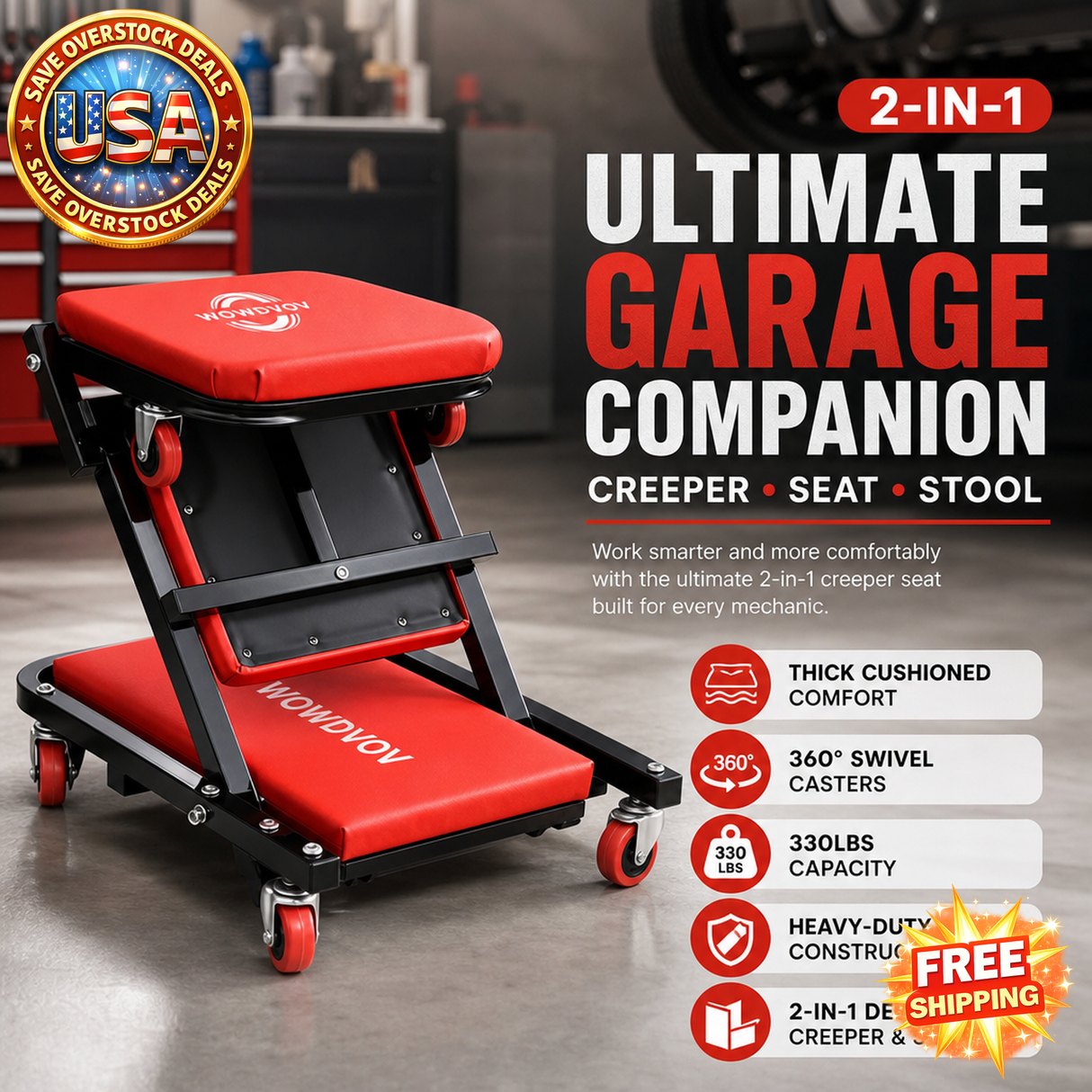 Heavy Duty 2-in-1 Mechanic Creeper Seat with Wheels