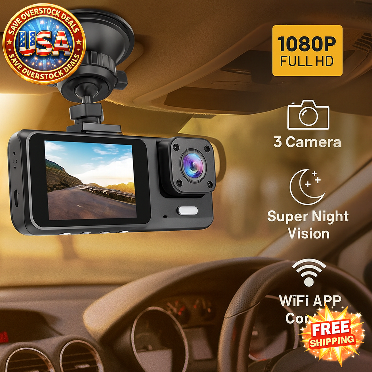 1080P Dash Cam WiFi Front & Rear Camera with Night Vision for Cars