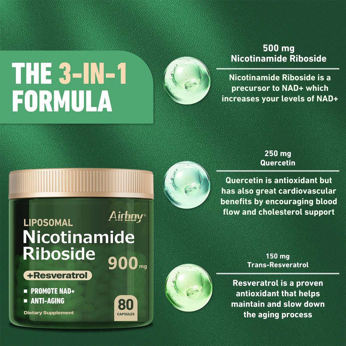 Nicotinamide Riboside Supplement with Resveratrol & Quercetin - 80 Capsules