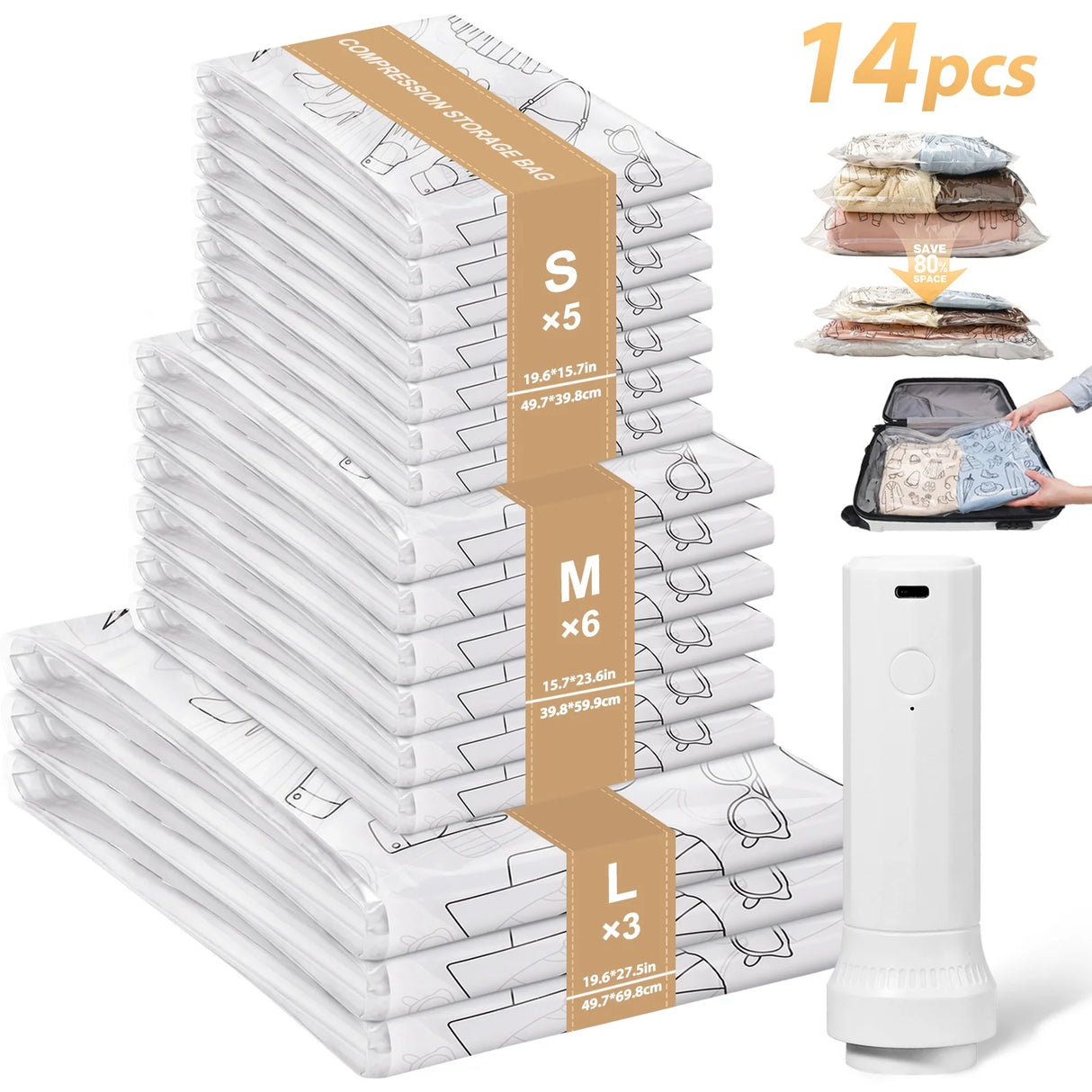 14Pcs Air Vacuum Bags with Rechargeable Pump for Clothes and Bedding