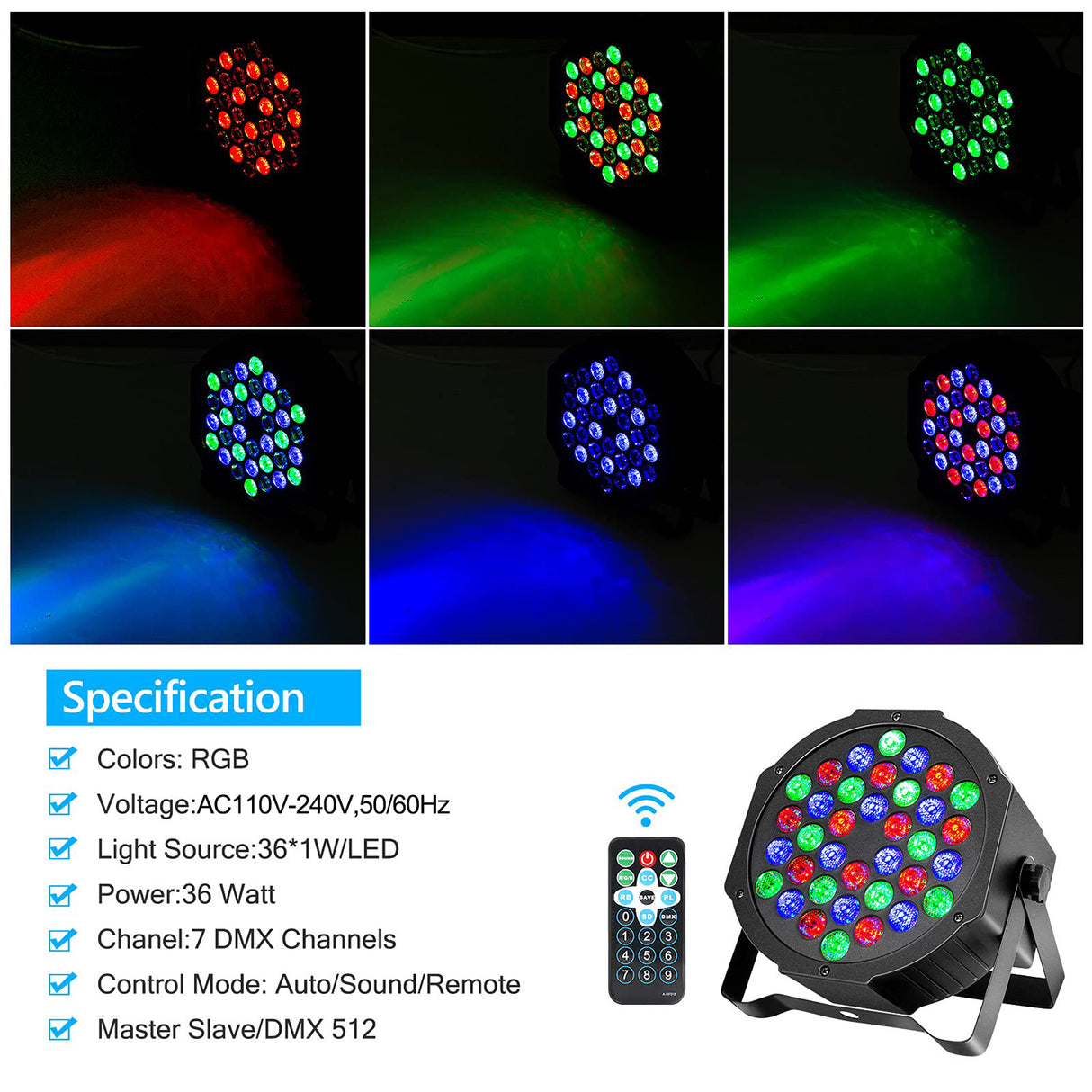 RGB LED Par Lights 36W 9 Modes Sound Activated Remote Control for Events