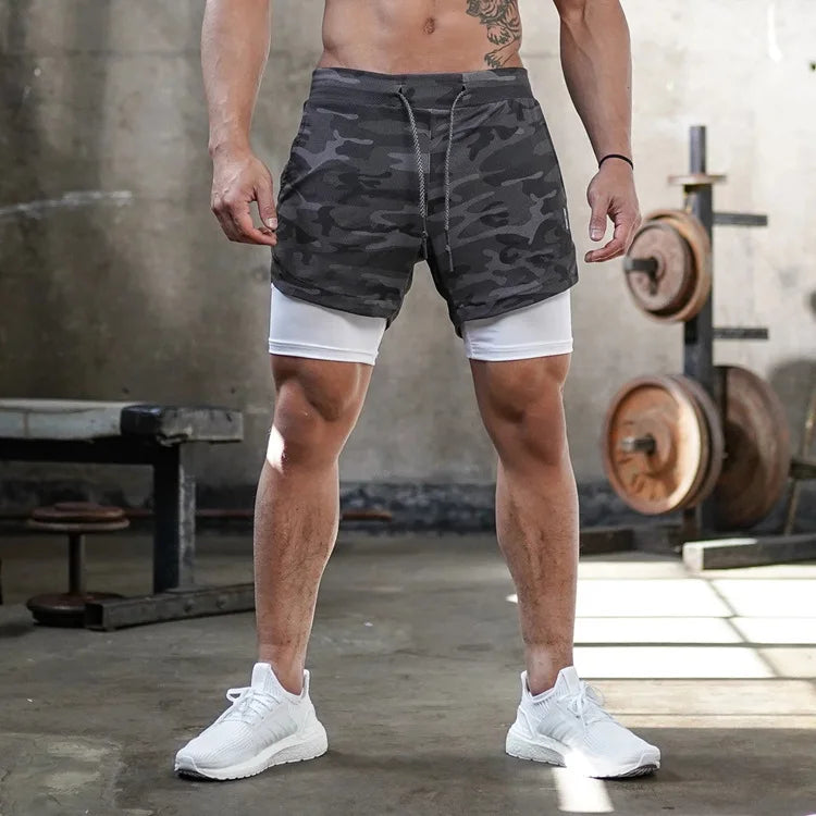 Camo Running Shorts Men 2-in-1 Quick Dry Gym Fitness Summer Workout