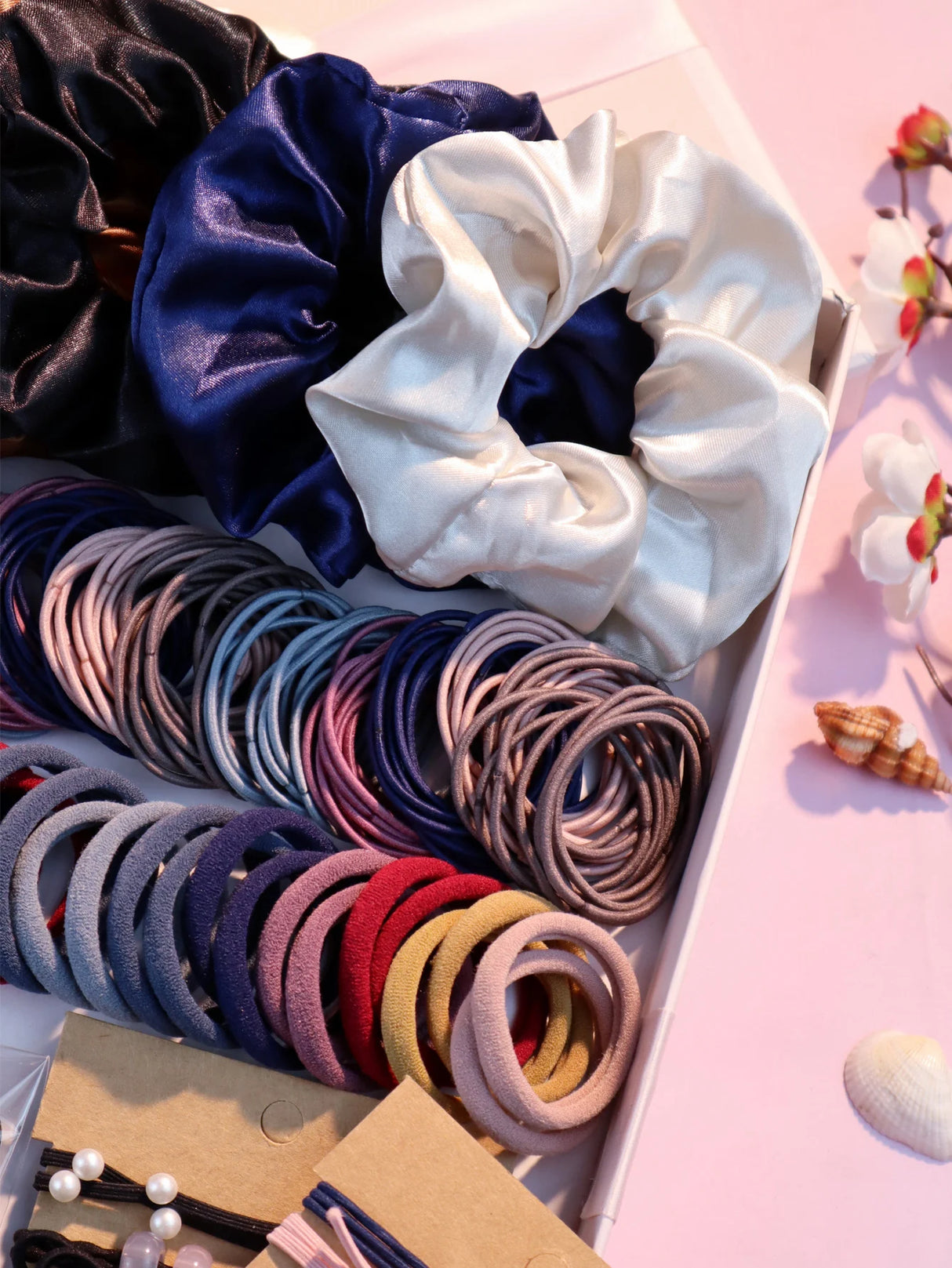 1085PCS Dark Hair Accessories Set - Seamless Ponytail Holders & Scrunchies