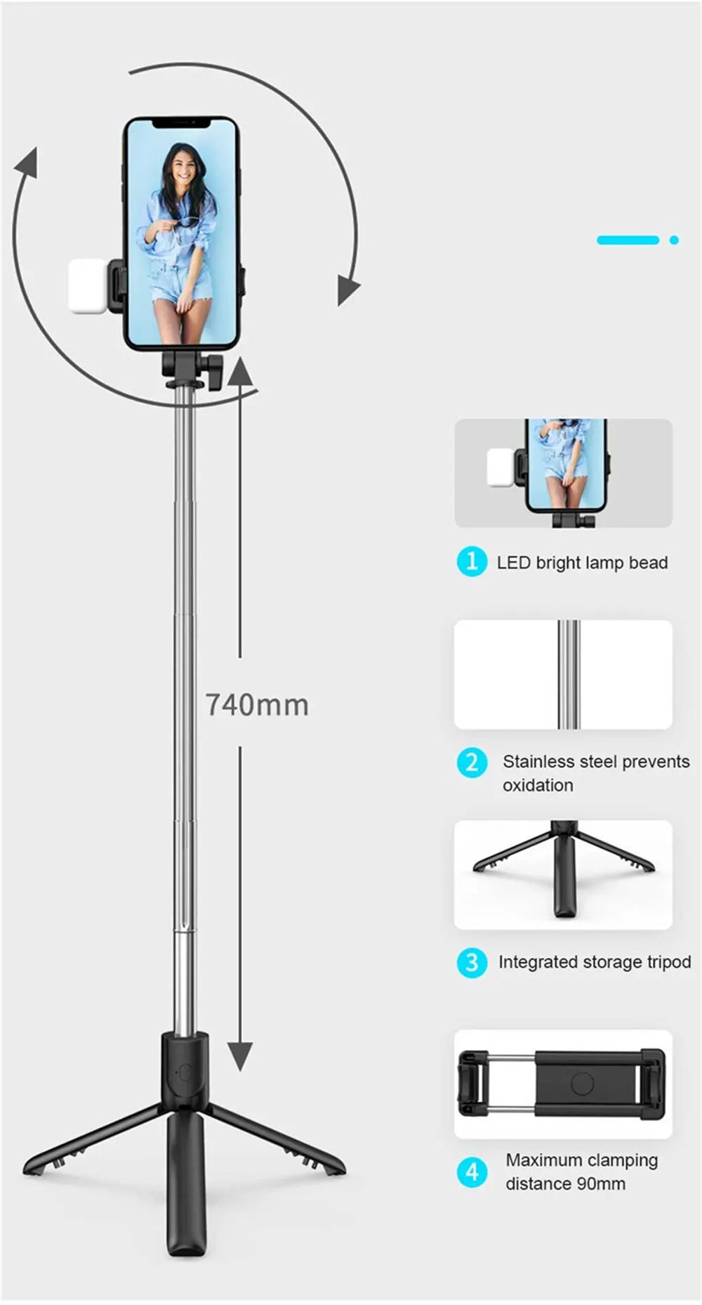 Portable Bluetooth Selfie Stick Tripod with Remote Shutter & Light