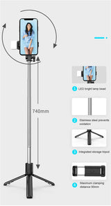 Portable Bluetooth Selfie Stick Tripod with Remote Shutter & Light