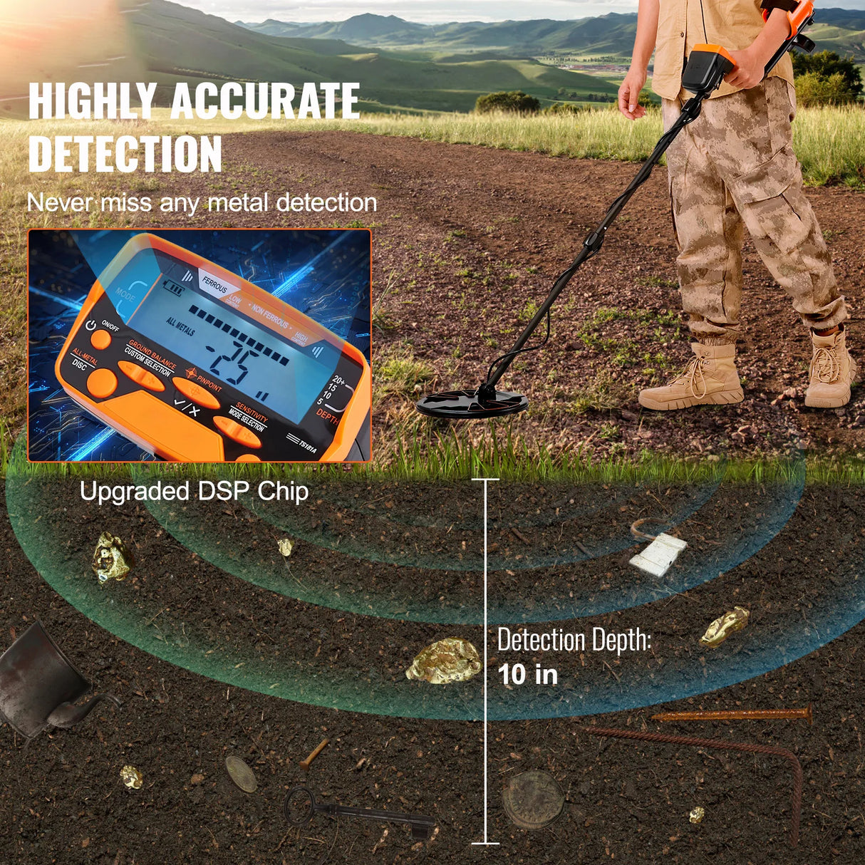 Metal Detector with 10-Inch Waterproof Coil and LCD Display, Adjustable Stem