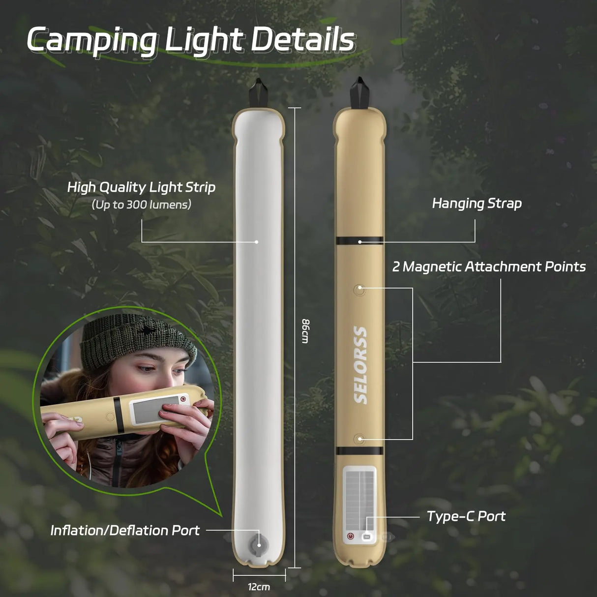 Portable Solar Camping Lantern with USB-Type C, 2000mAh