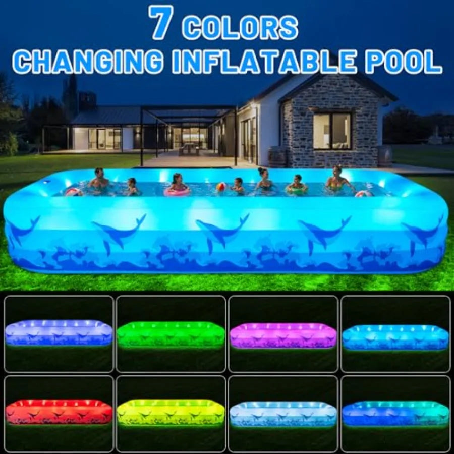 Inflatable Backyard Swimming Pool for Kids & Adults - 7-Color LED Light