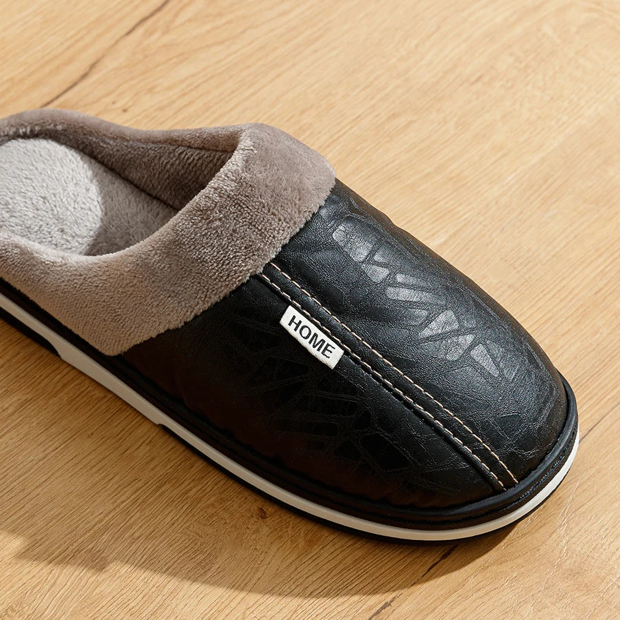 Men's Waterproof PU Leather Slippers - Large Size Indoor Home Shoes
