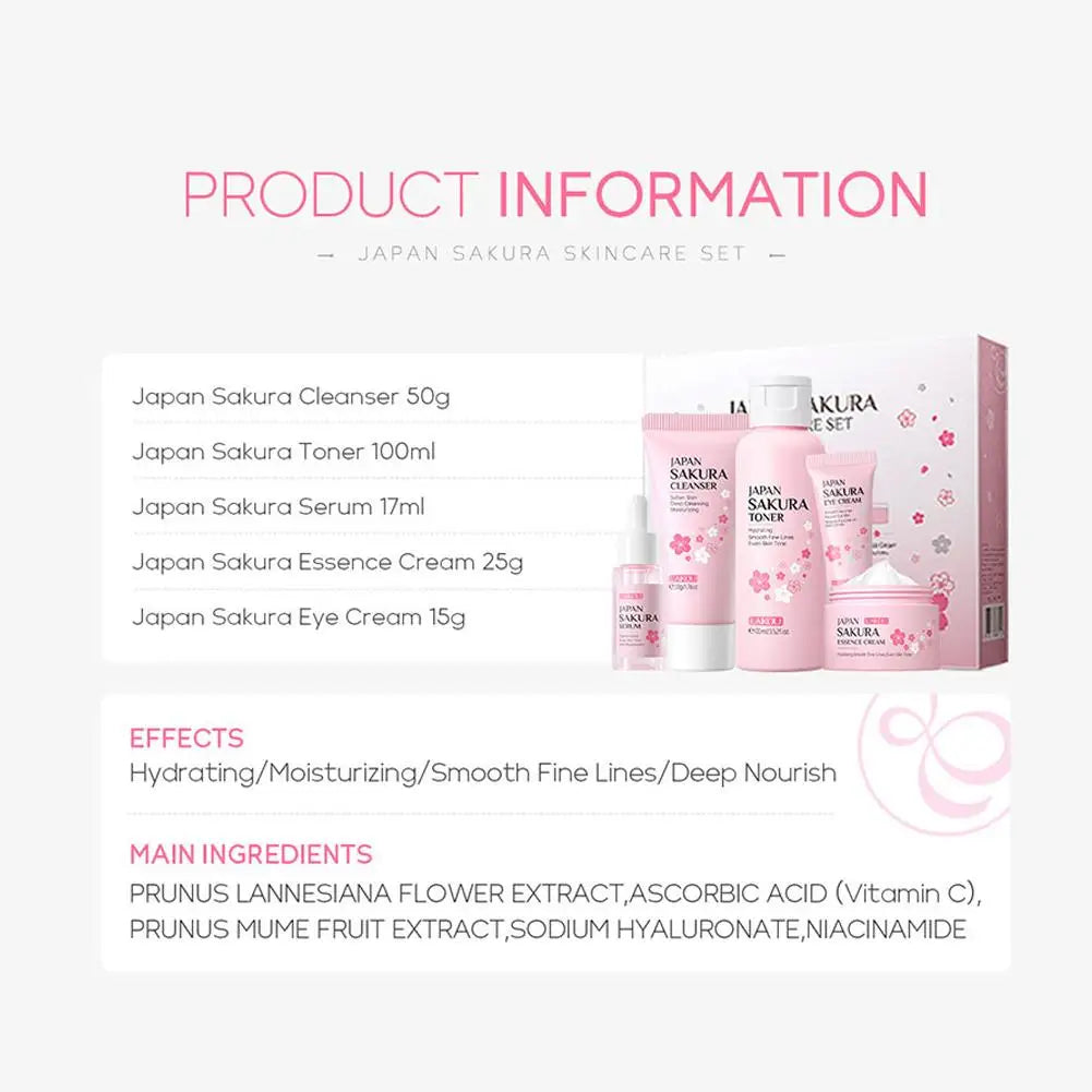Sakura Skin Care Set with Cleanser, Serum, Eye Cream, Facial Cream - Travel Kit