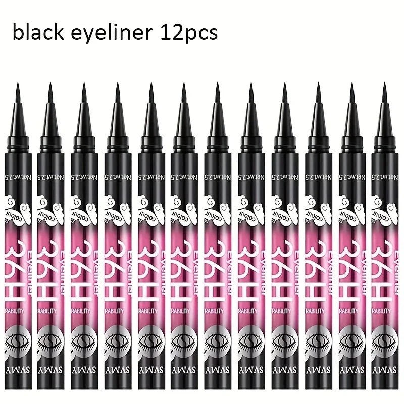 Black Liquid Eyeliner 12-Pack, Long-Lasting Waterproof Makeup Set