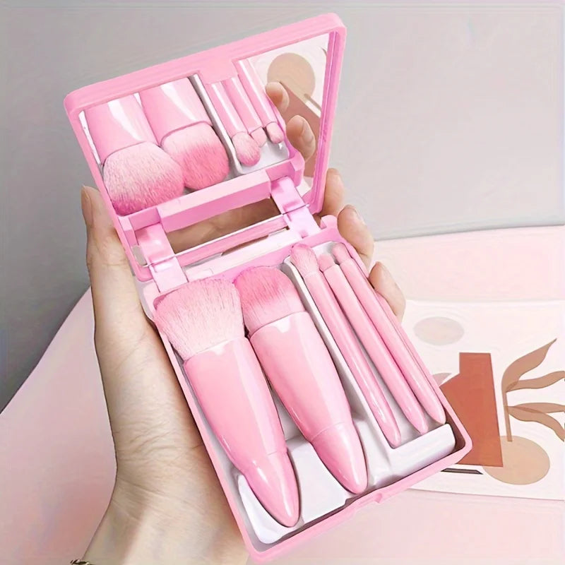 Portable Makeup Brush Set 5Pcs with Mirror - Travel Kit