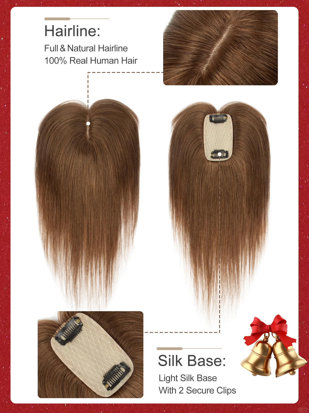 Human Hair Toppers with Clips for Volume and Length, 5x9cm Base