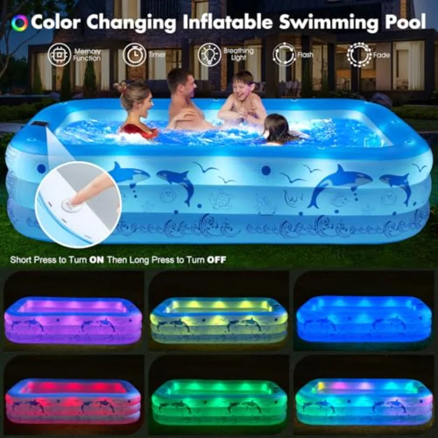 Inflatable Family Pool 100x63x20 PVC Thickened with Solar Lights
