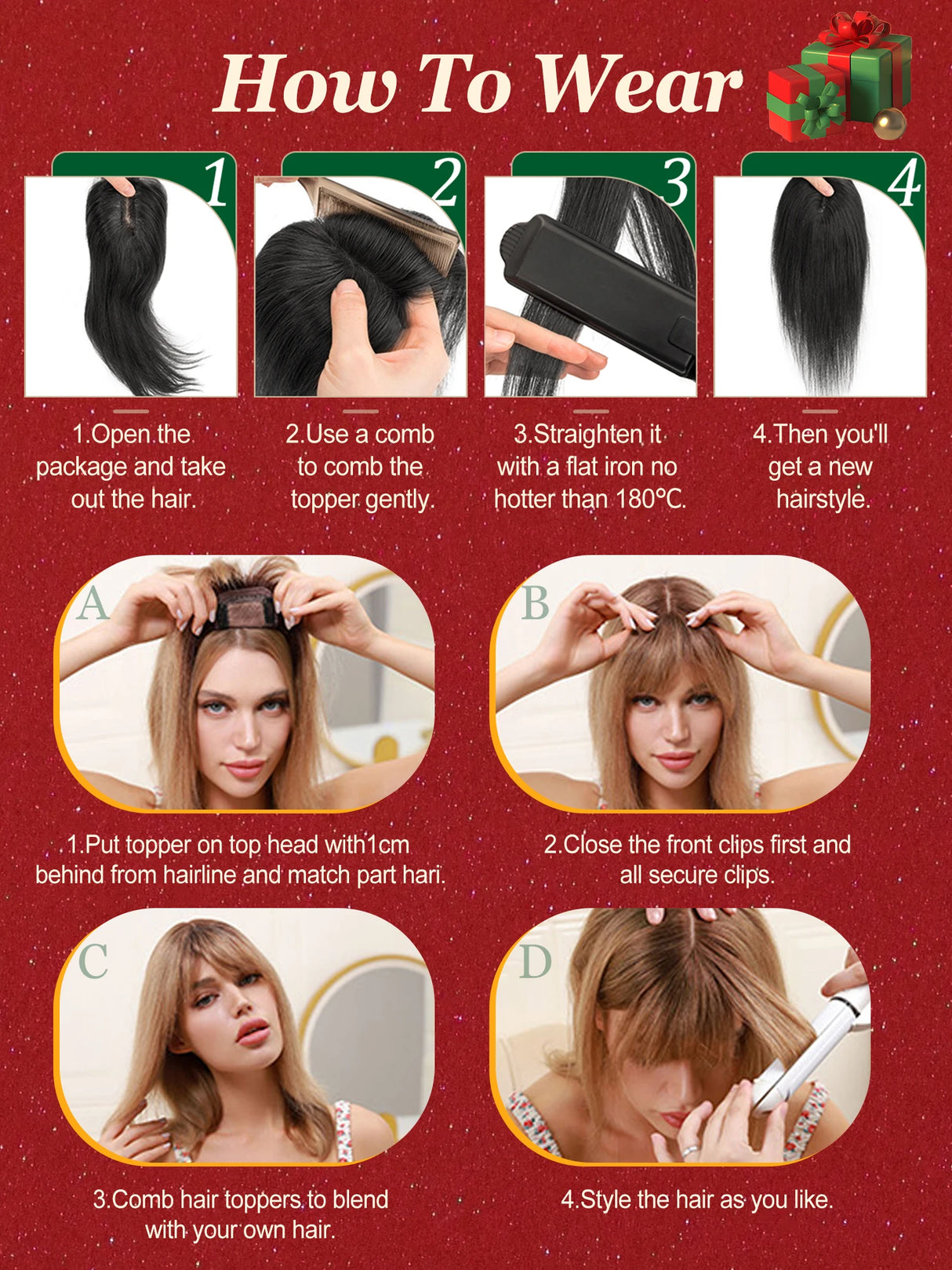 Human Hair Toppers with Clips for Volume and Length, 5x9cm Base