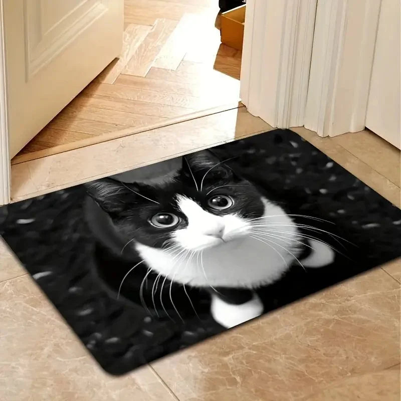 Cartoon Cat Entrance Door Mat - 2D Wooden Design - Anti-Slip Soft Pad