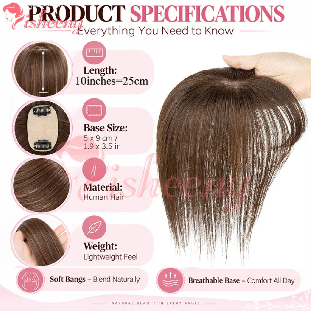 Human Hair Topper with Bangs, 10 Inch Clip-In Hairpiece, 5x9cm Base