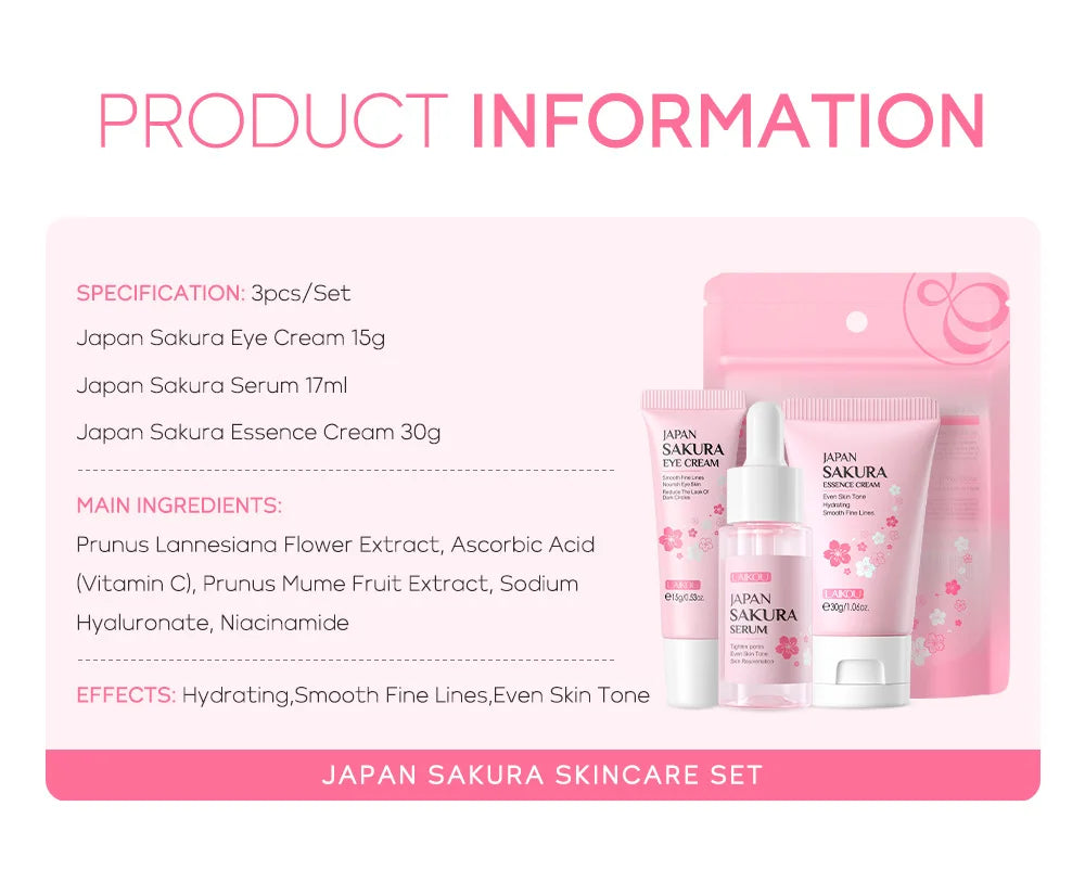 Sakura Skin Care Set - Facial Cleanser, Cream, Serum, Toner - Moisturizing Kit