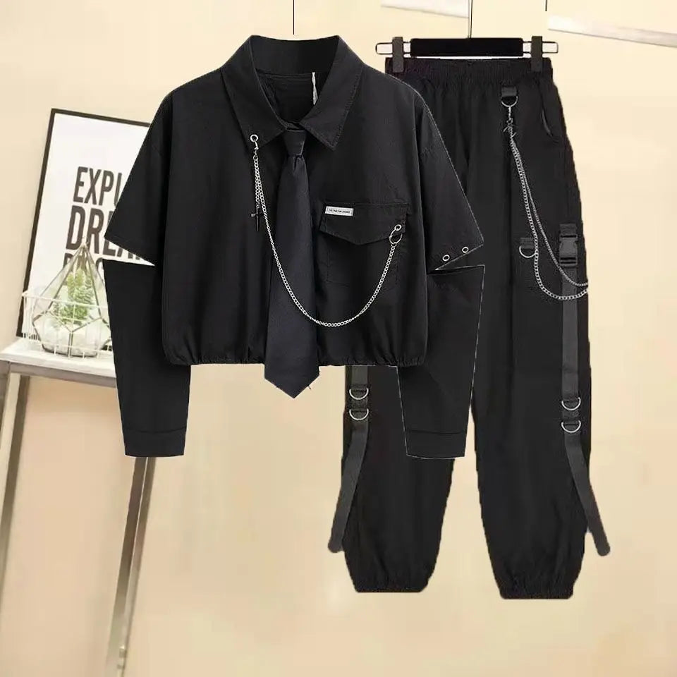 Gender Neutral High Waist Black Cargo & Cropped Shirt Set - Unisex Outfit
