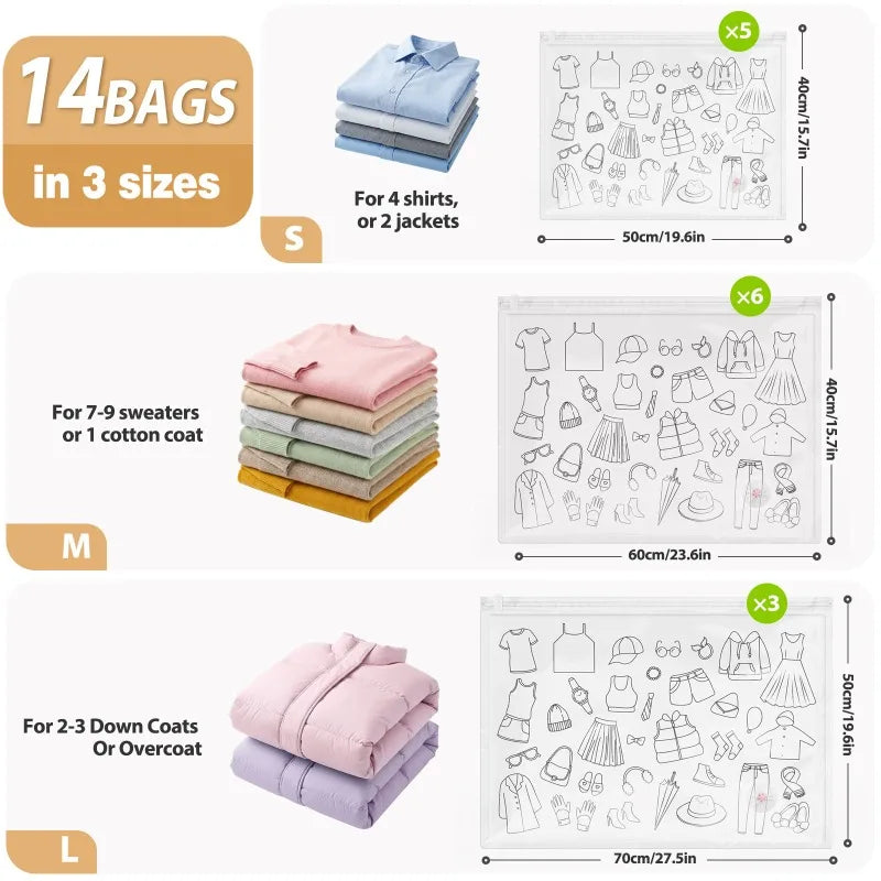 14Pcs Air Vacuum Bags with Rechargeable Pump for Clothes and Bedding