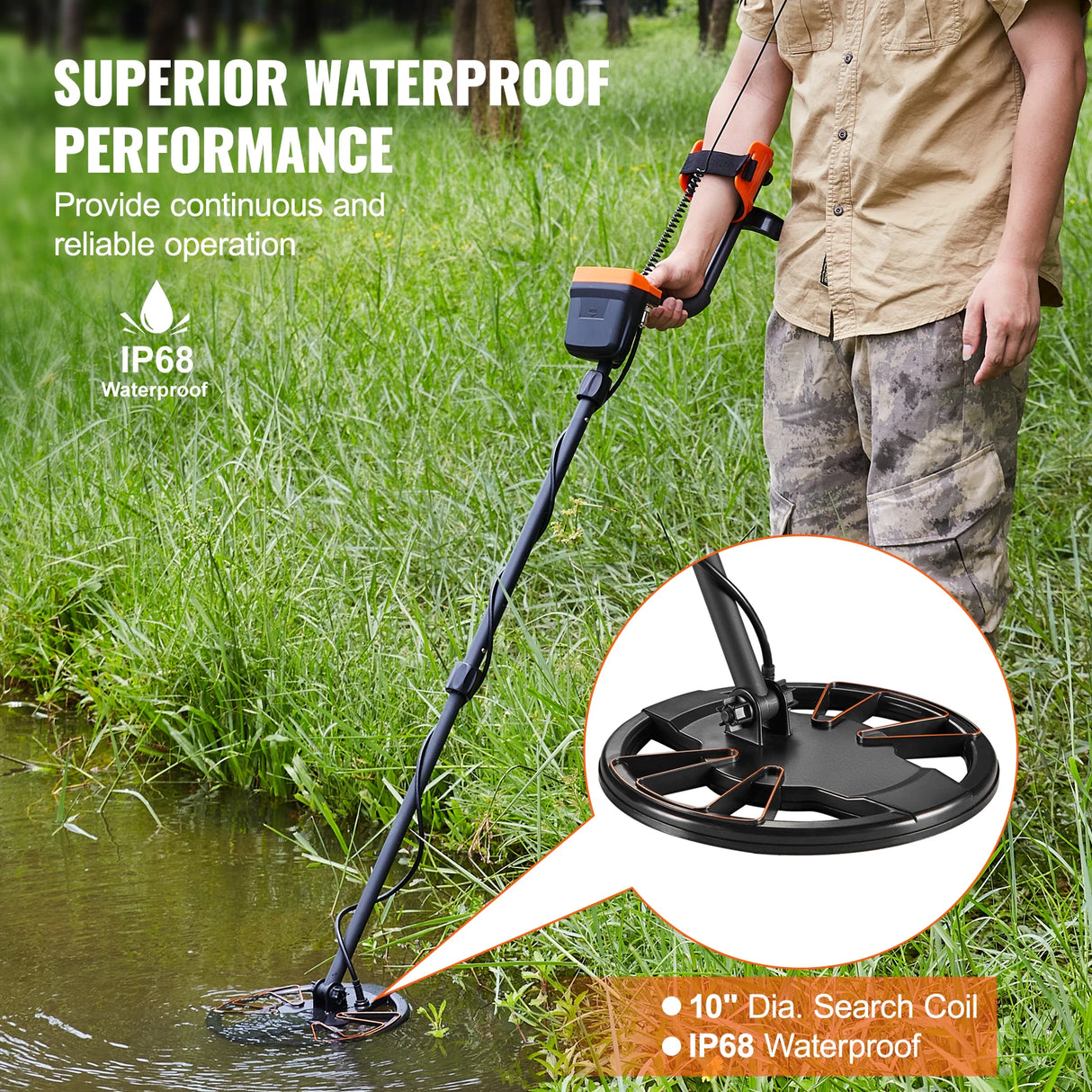 Metal Detector with 10-Inch Waterproof Coil and LCD Display, Adjustable Stem