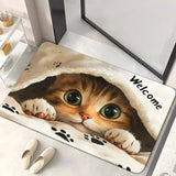 Cartoon Cat Entrance Door Mat - 2D Wooden Design - Anti-Slip Soft Pad