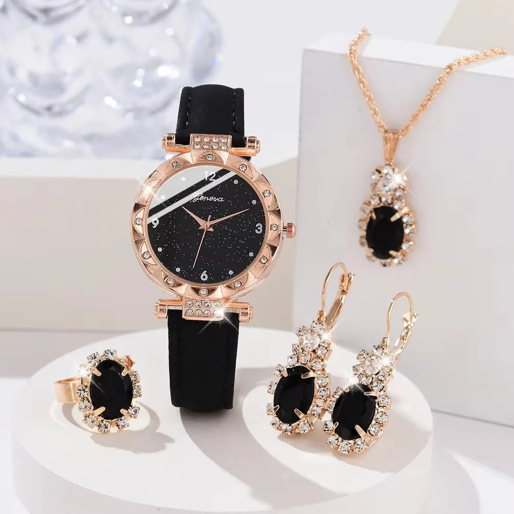 Luxury Rhinestone Women's Watch Set - 5pcs Elegant Quartz Wristwatch Gift