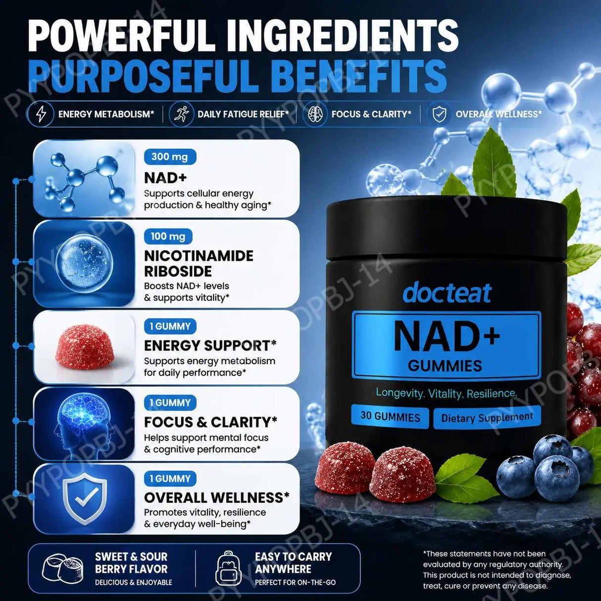 NAD+ Gummies with Nicotinamide Riboside, 30 Count, Sweet-Tart Chews