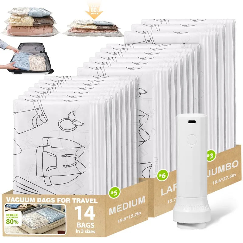 14Pcs Air Vacuum Bags with Rechargeable Pump for Clothes and Bedding