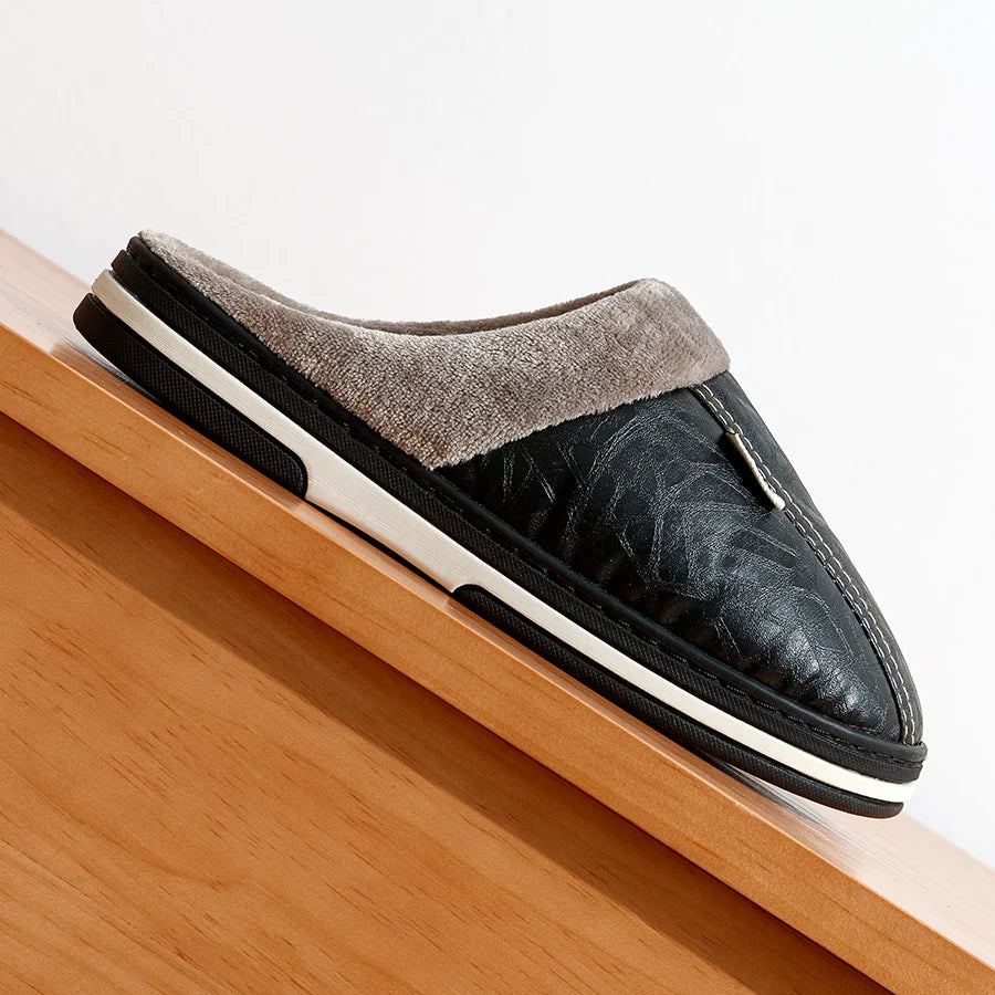 Men's Waterproof PU Leather Slippers - Large Size Indoor Home Shoes